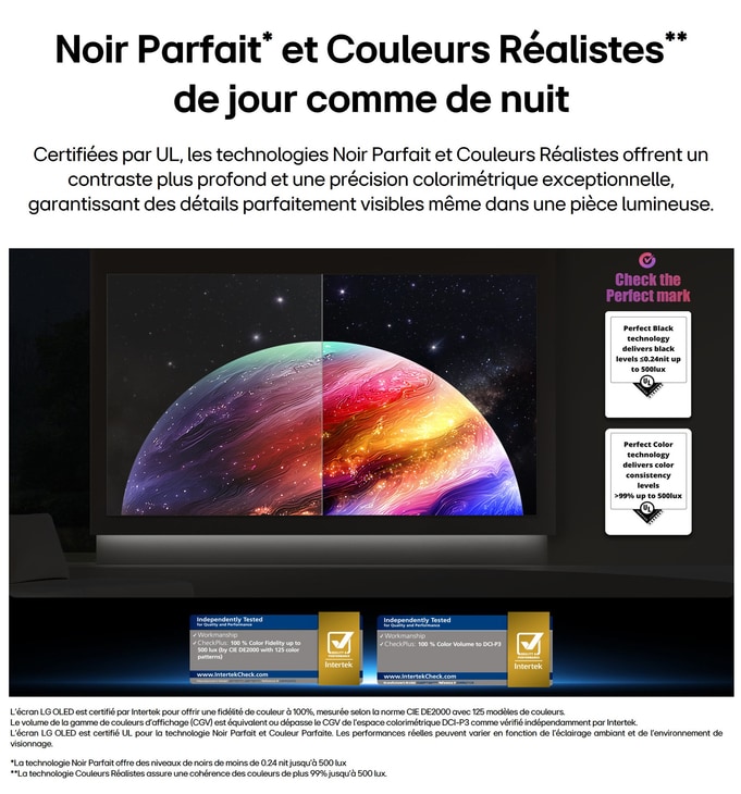 LG OLED evo AI G6 montre une scène planète et étoiles à écran partagé, comparant un écran mat anti-glare à son écran Noir parfait et couleur parfaite pour une qualité d’image plus claire sous n’importe quelle lumière, pris en charge par la certification UL et les certifications Intertek pour le volume et la fidélité des couleurs.